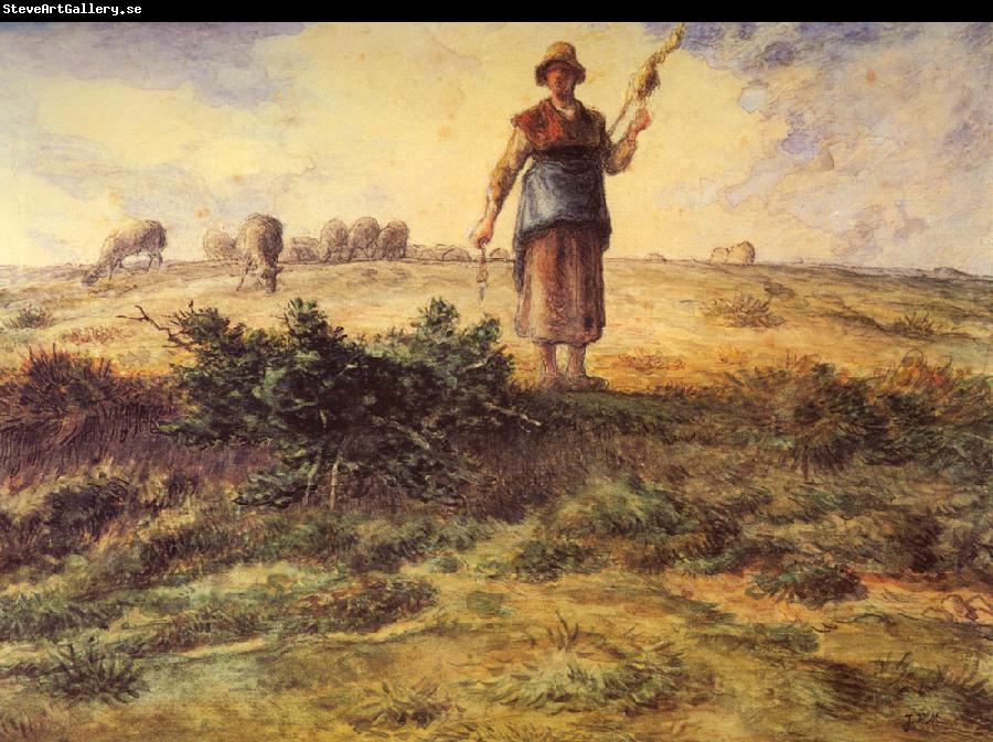 Jean-Franc Millet A Shepherdess and her Flock Watercolour heightened with white